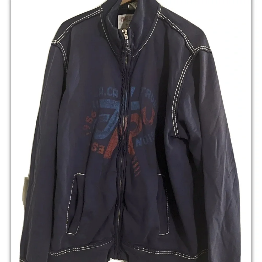 True Religion World Tour Fleece Jacket Men Sz XXXL (3X) Full Zip Navy/Gray Logo